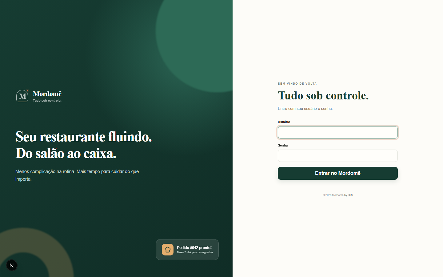 Tela de login do Mordomê, com o formulário de acesso por usuário e senha.